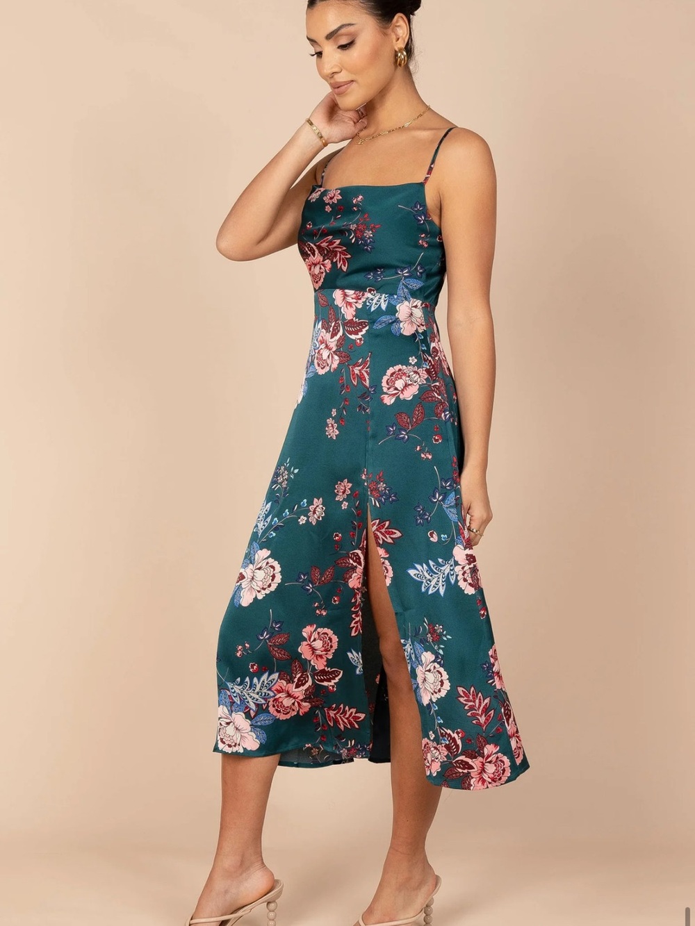 Floral Slip Midi Dress with Front Slit - Teal Size XL